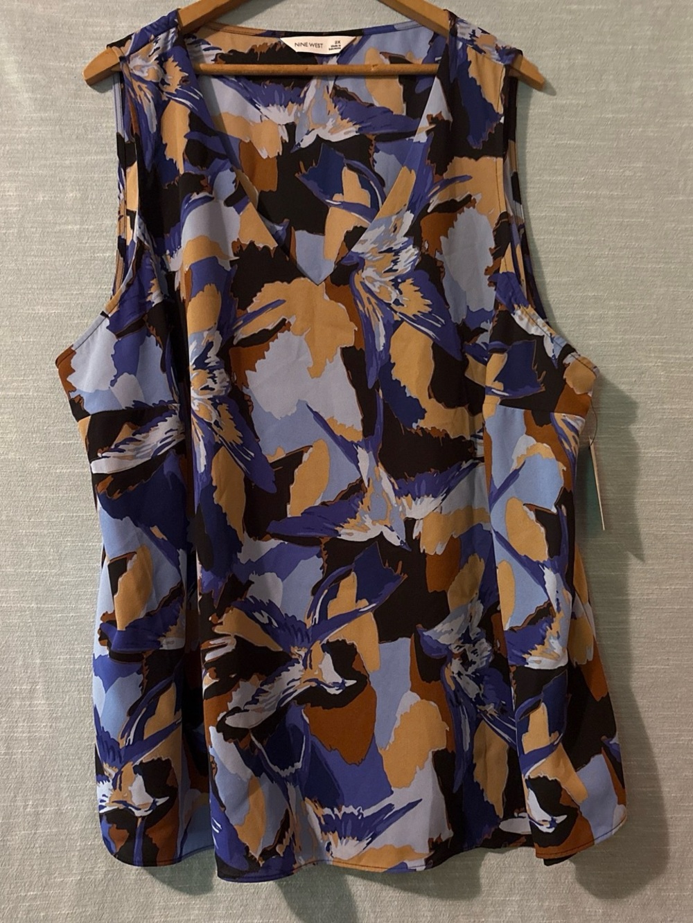 Nine West Blouse Sleeveless Pullover V-Neck Blue/Black/Beige Women’s Sz 2X NWT